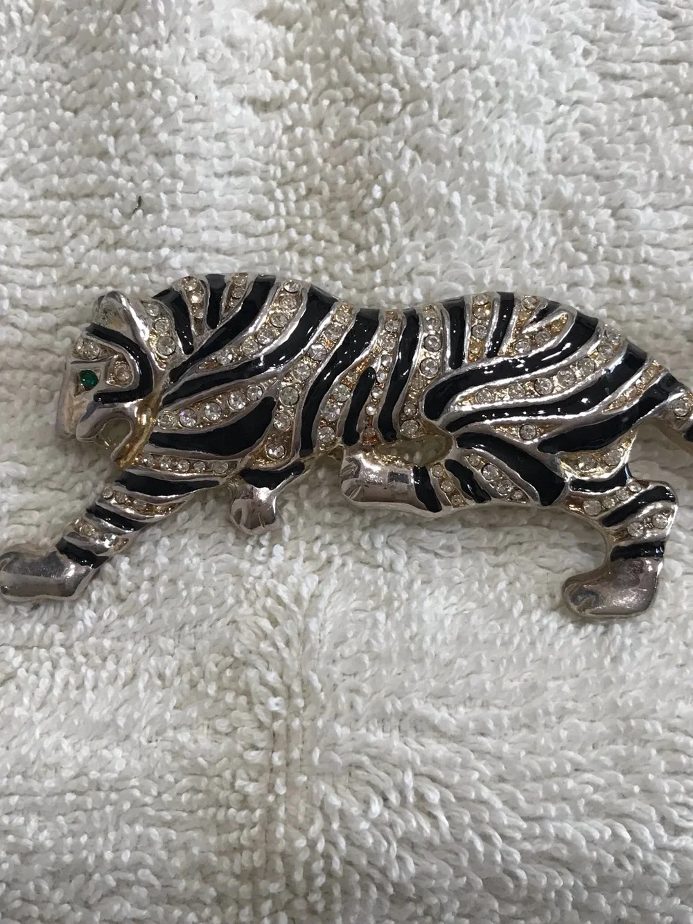 Crystal Zebra Pin Brooch - Black and Silver with Green Eye